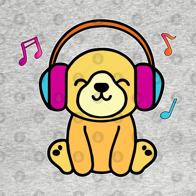 Happy smiling baby dog puppy with headphones. Kawaii cartoon by SPJE Illustration Photography